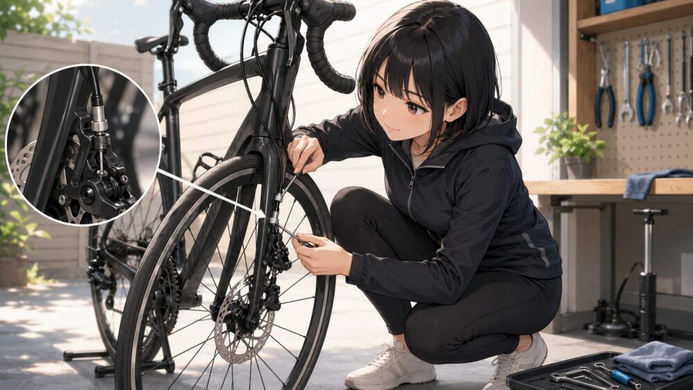 機械式ディスクのワイヤー調整ポイント